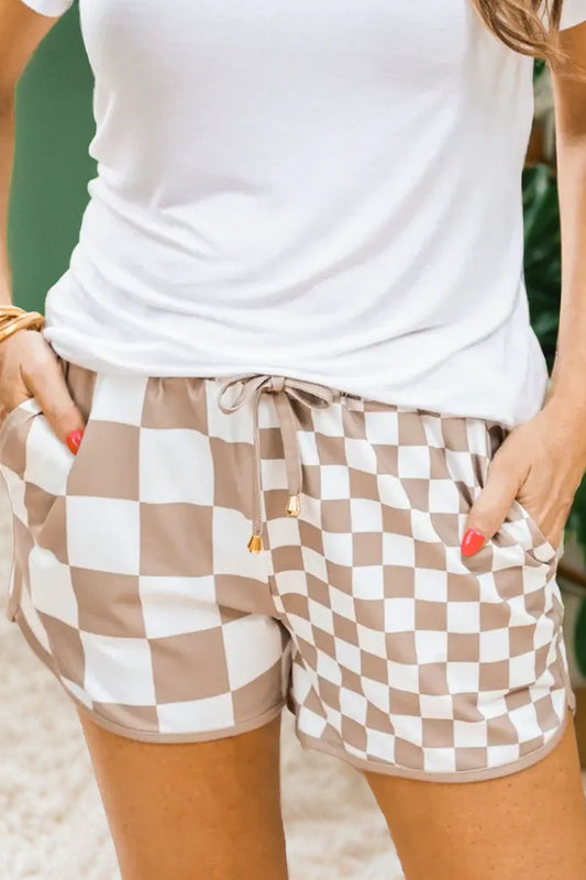 Pantalones cortos casuales con cordón, estampado a cuadros doble y cuentas, color caqui