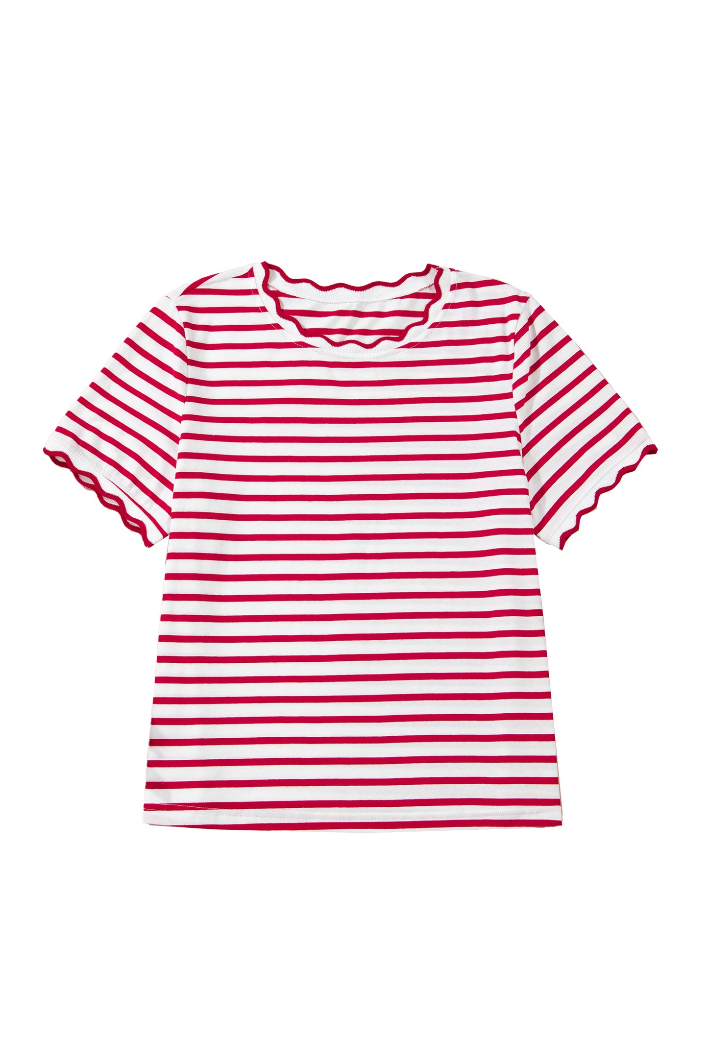 Green Stripe Scalloped Trim Round Neck T Shirt