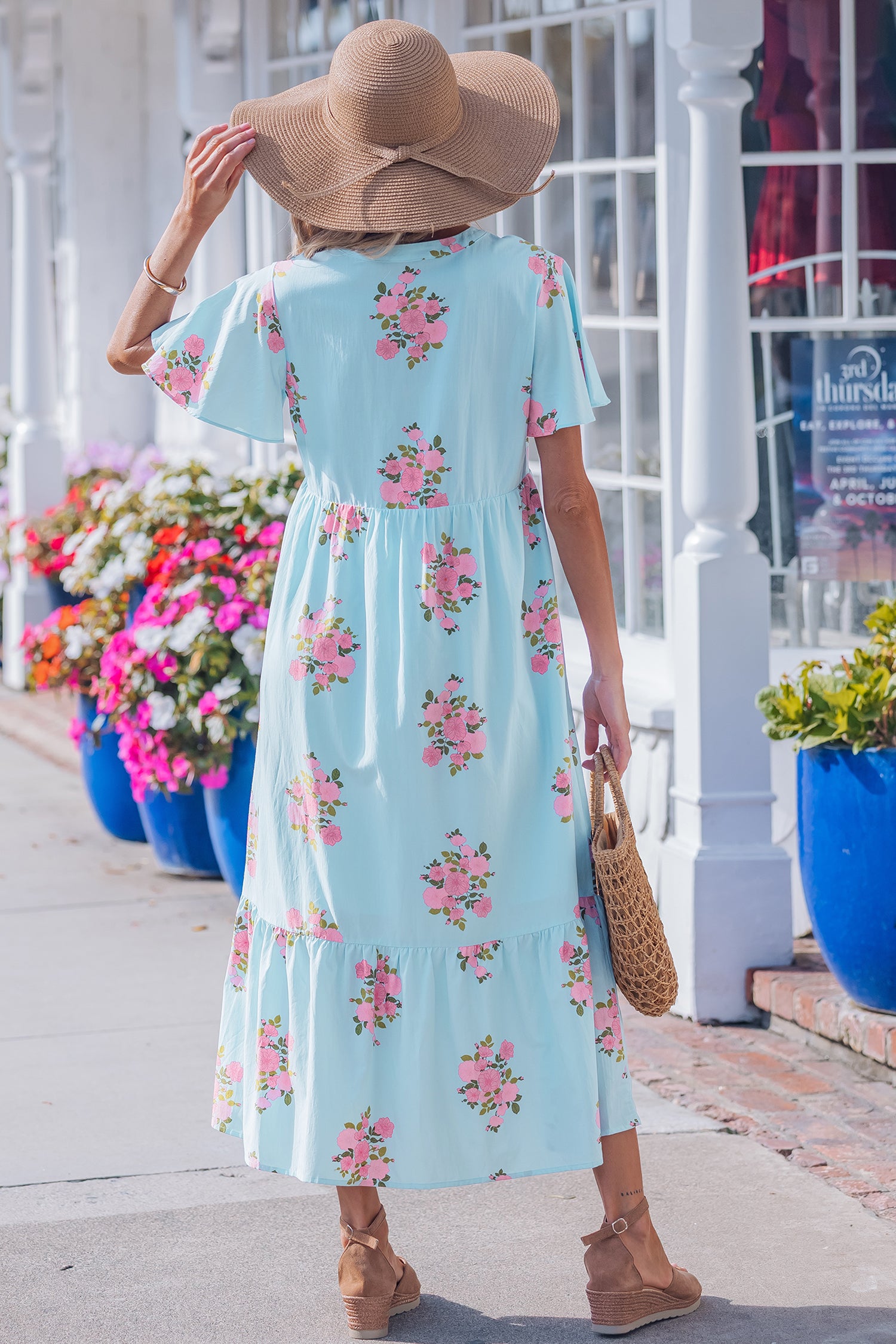 Pink Notched Neck Flutter Short Sleeve Floral Print Maxi Dress - Snoopy's Closet