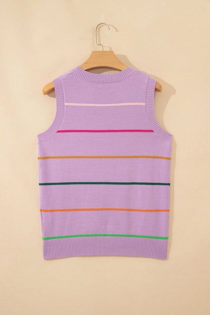 Purple Stripe Round Neck Knitted Sweater Tank