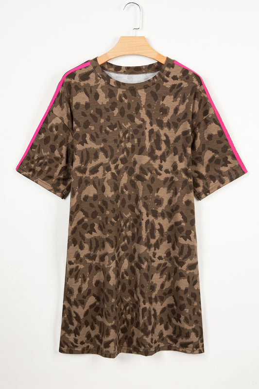 Vestido mini con bolsillos, camiseta de rayas de contraste holgadas de leopardo en color café