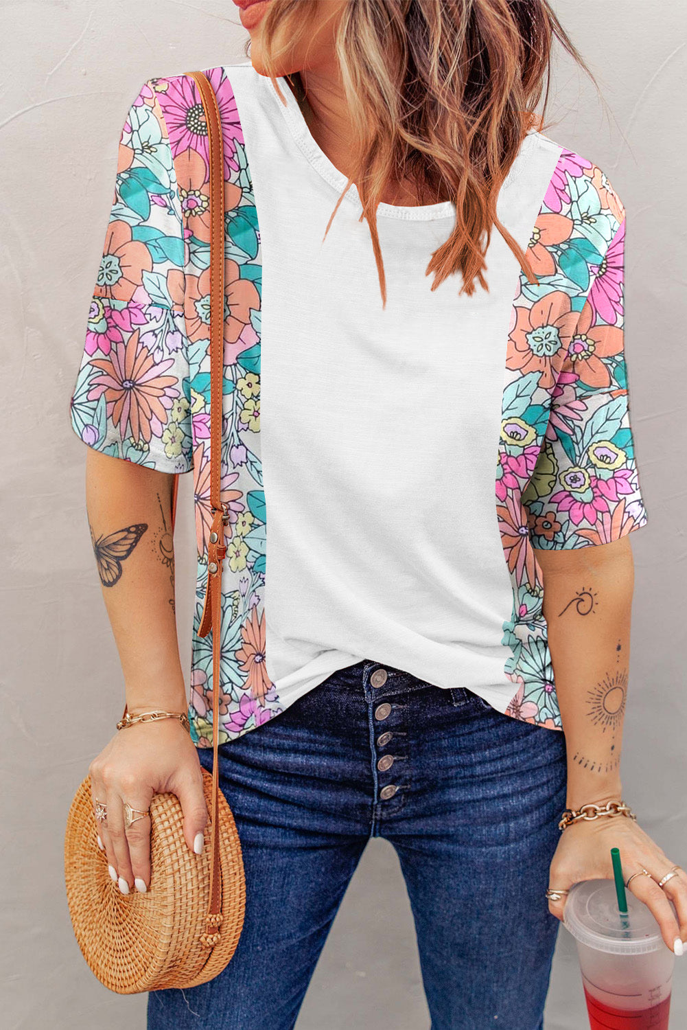 White Floral Print Patchwork Short Sleeve Top - Snoopy's Closet