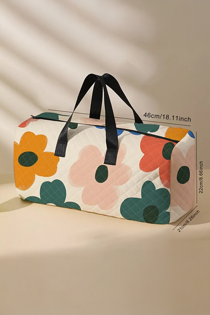 White Flower Print Quilted Large Duffel Bag - Snoopy's Closet