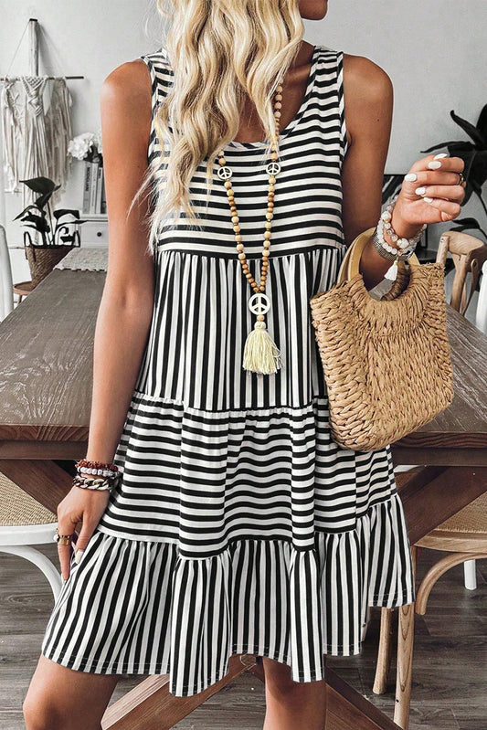 Minivestido con cuello en U sin mangas holgado de rayas negras