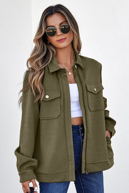 Chaquetas con cuello, color verde negruzco sólido, con cremallera y solapa con botones