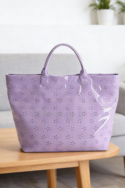 Bolso tote impermeable brillante de PVC con diseño de flores de orquídea con ojales