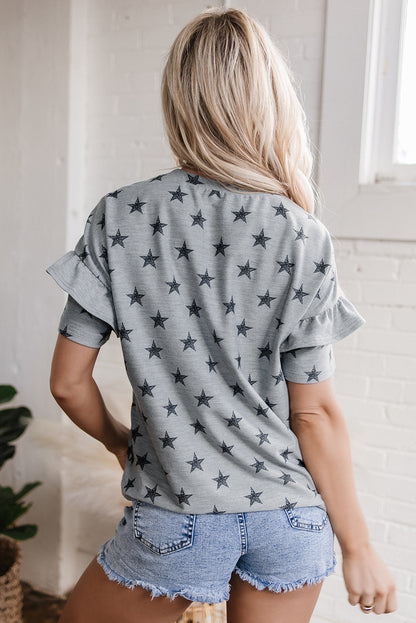 Gray Star Print Tiered Ruffled Sleeve Crew Neck T Shirt - Snoopy's Closet