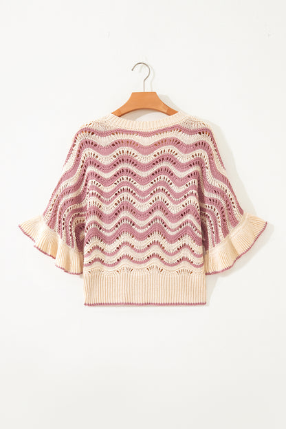 Beige Stripe Wavy Crochet Eyelet Detail Ruffle Half Sleeve Sweater