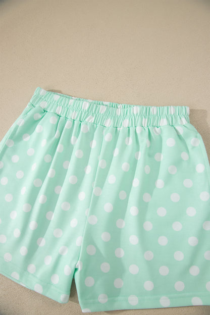 Sky Blue Polka Dot Print Color Block Trim Mock Neck Short Set - Snoopy's Closet