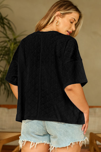 Top Holgado de Punto Calado Rombos con Cuello V Talla Grande Negro