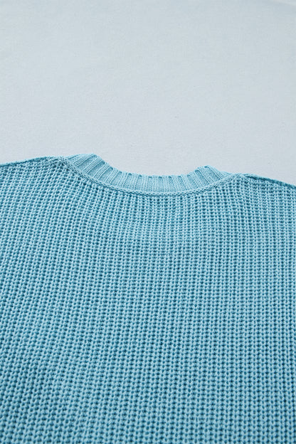 Mist Blue Exposed Seam Detail Half Sleeve Loose Sweater