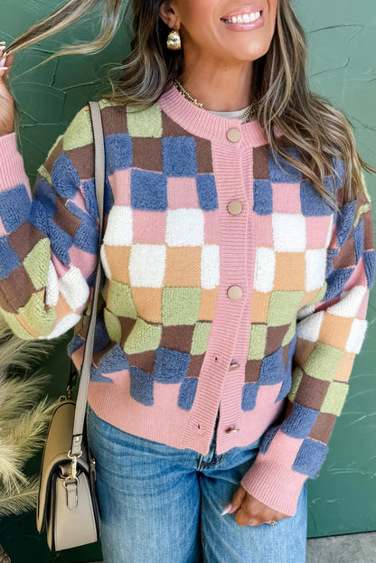 Multicolour Plush Checkered Pattern Button Front Cardigan Sweater