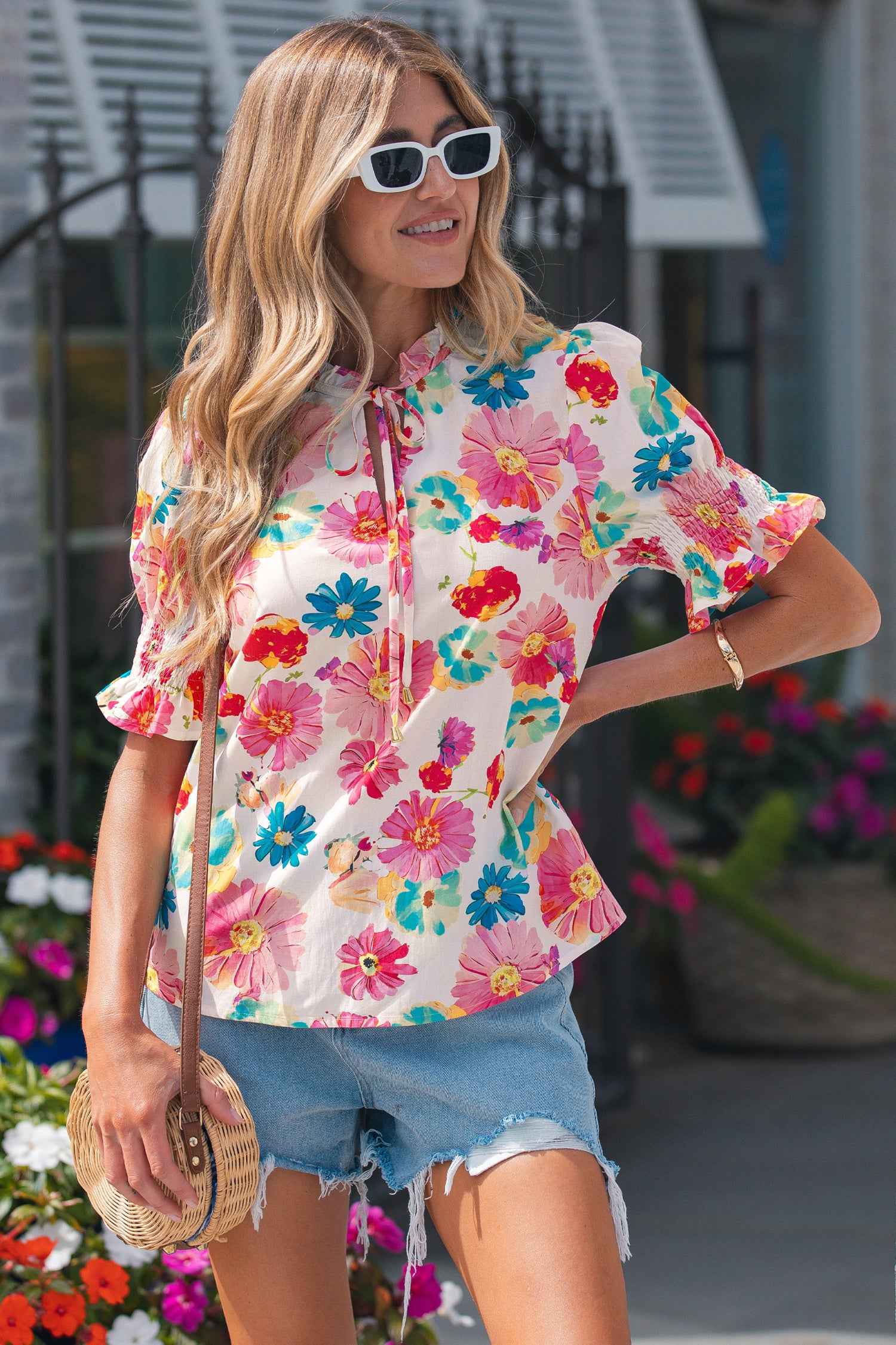 Beige Vibrant Summer Floral Tie V Neck Short Puff Sleeve Blouse