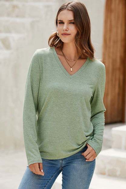 Grass Green Solid Color V Neck Long Sleeve Stretchy Top - Snoopy's Closet