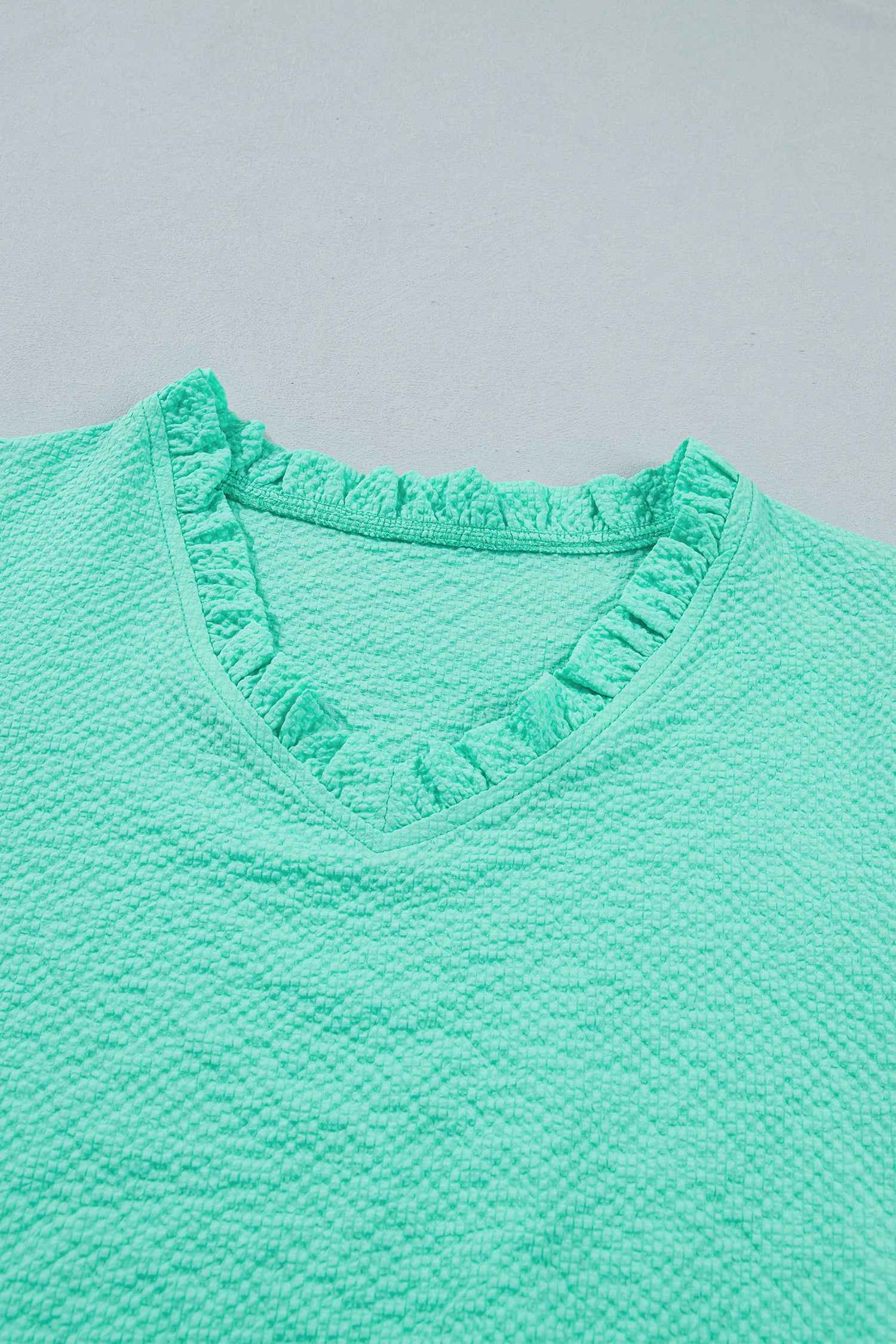 Mint Green Frilled V Neck Flower Embroidered Puff Sleeve Textured Blouse