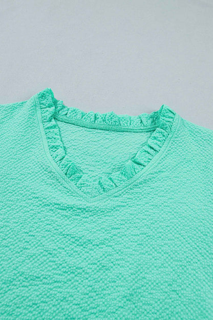 Mint Green Frilled V Neck Flower Embroidered Puff Sleeve Textured Blouse