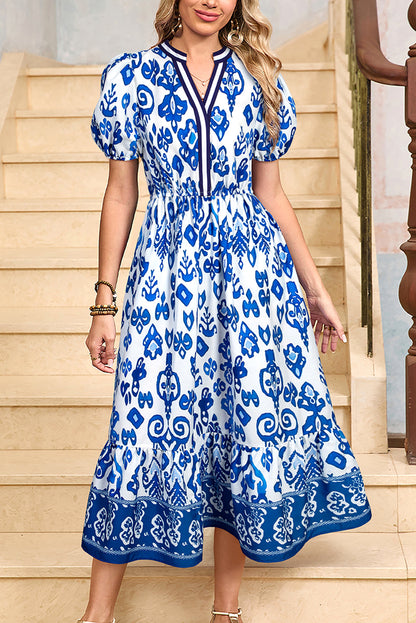 Vestido maxi azul floral de manga corta abullonada con cuello en V y cintura alta