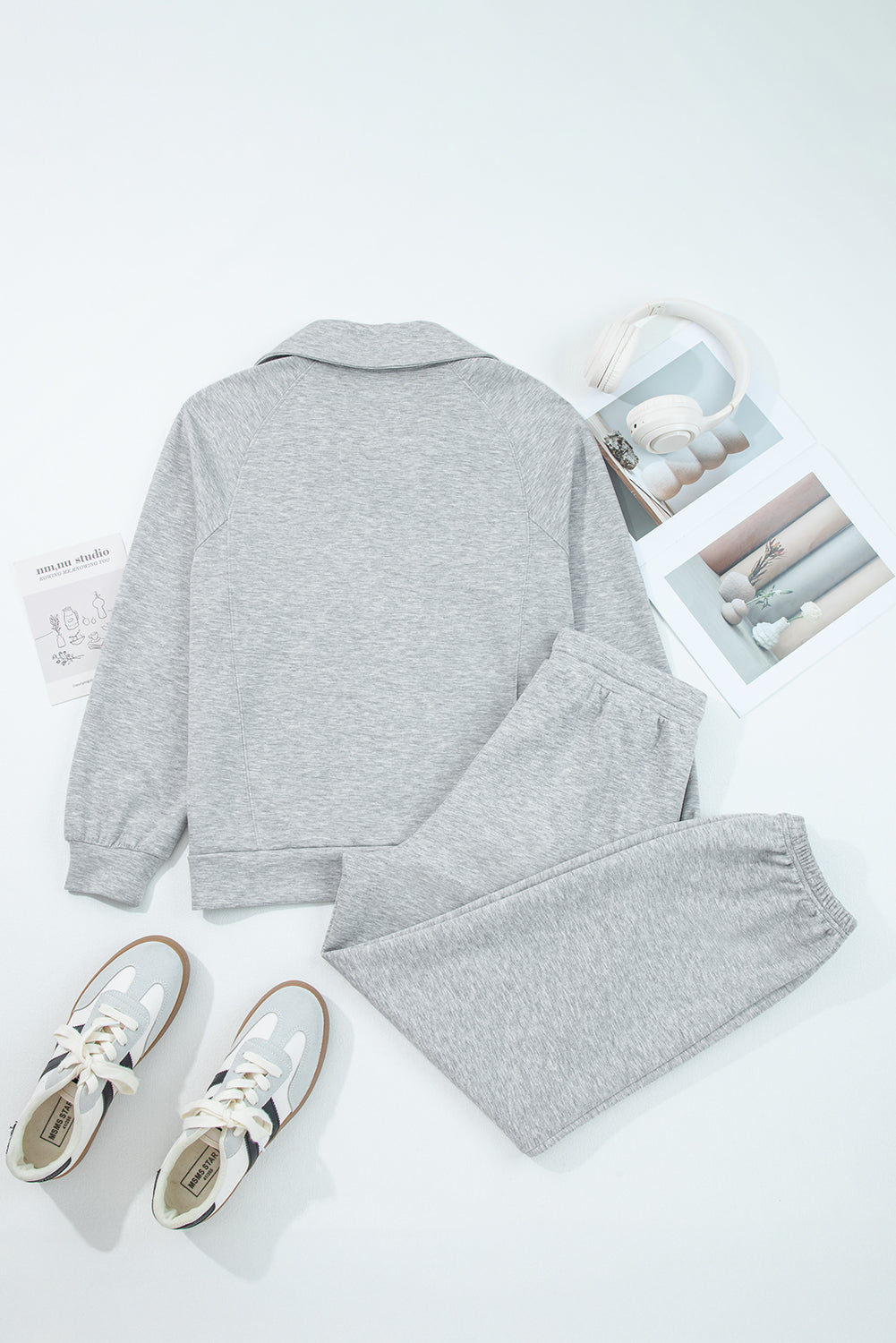 Light Grey Zip Collar Long Sleeve Top Drawstring Pants Set - Snoopy's Closet