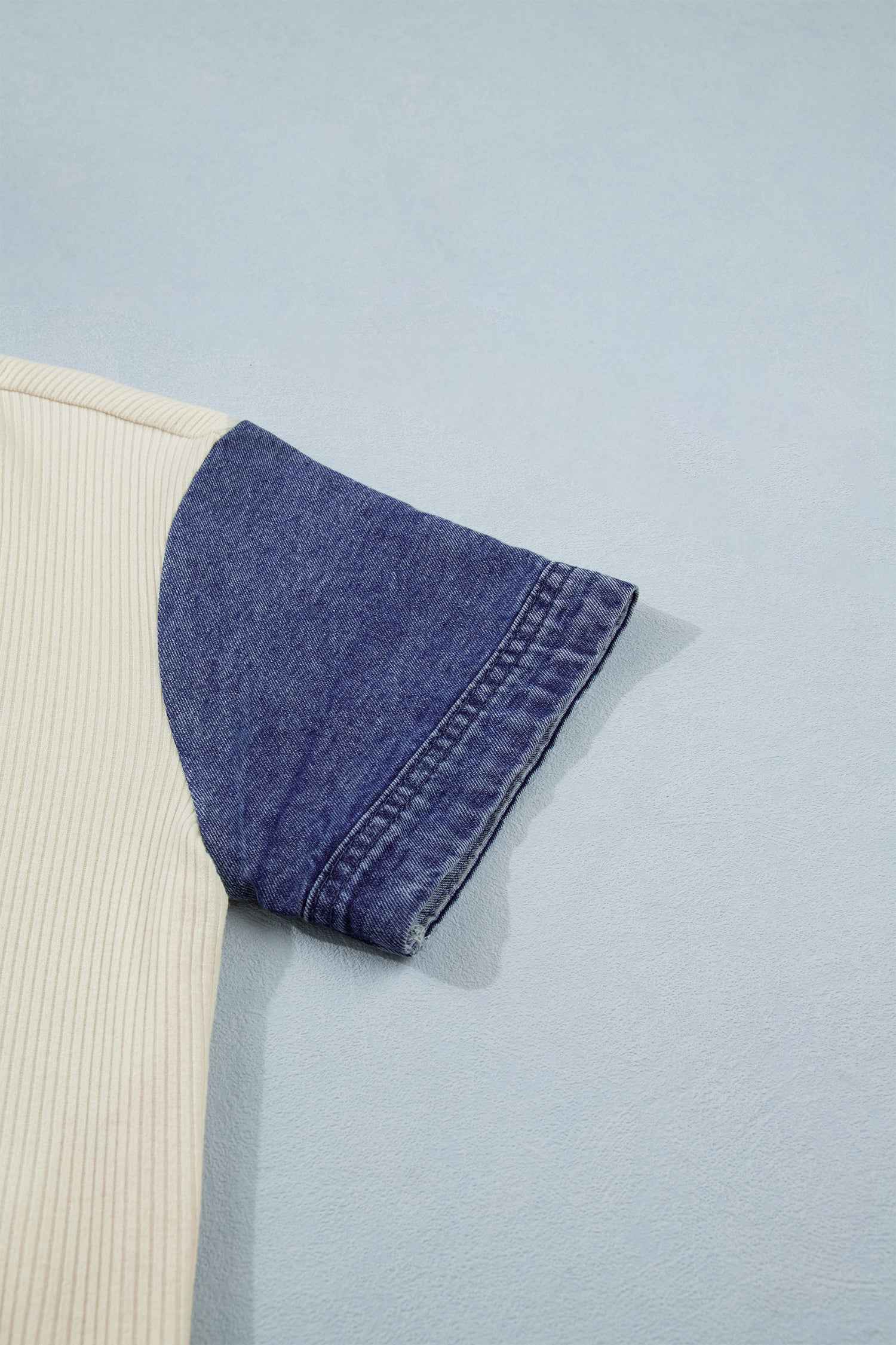 Beige Denim Patchwork Short Sleeve Ribbed Shirt