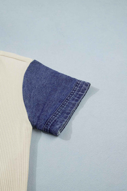 Beige Denim Patchwork Short Sleeve Ribbed Shirt