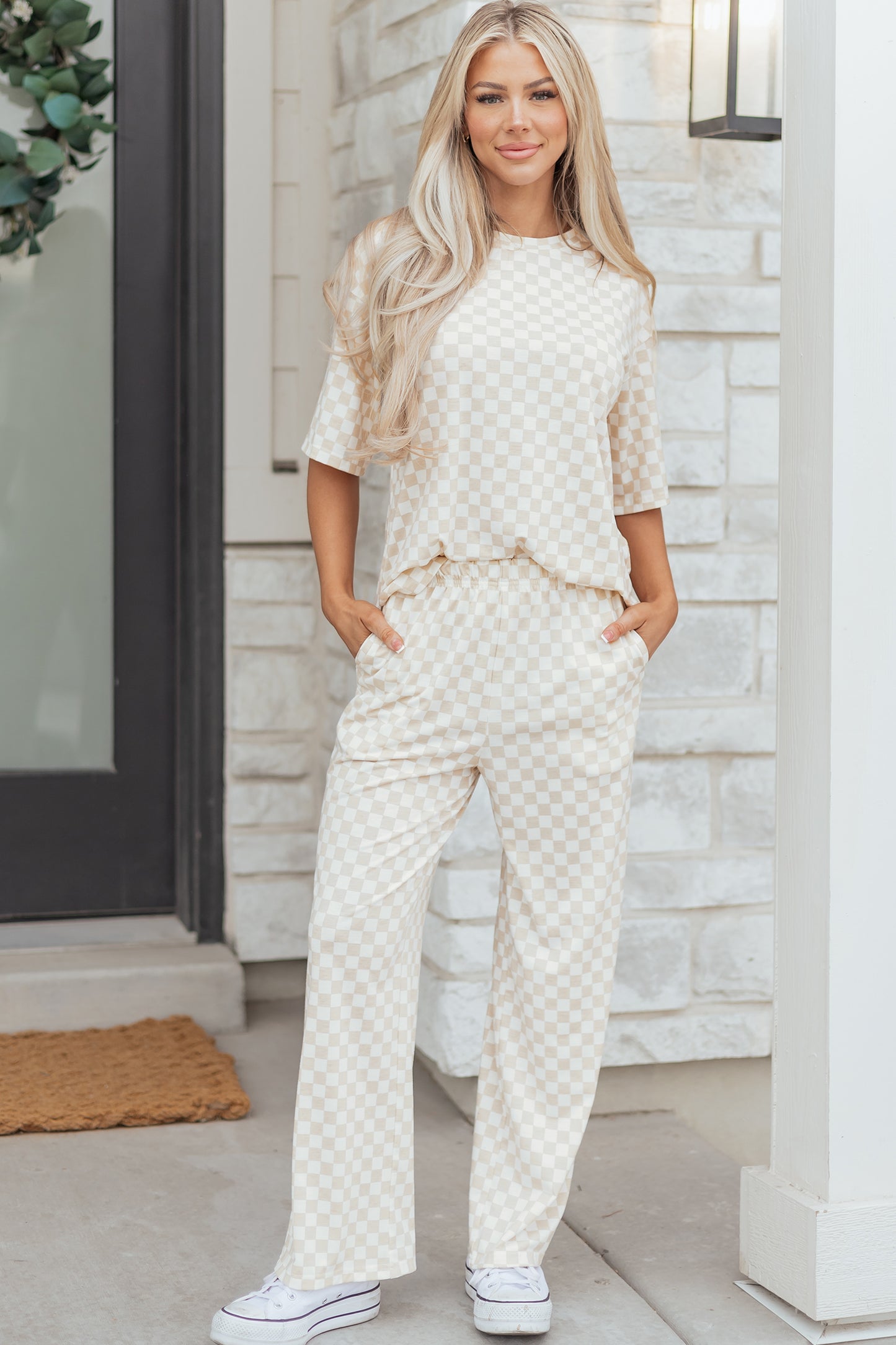 Khaki Checkered Print Half Sleeve Tee 2pcs Lounge Pant Set - Snoopy's Closet