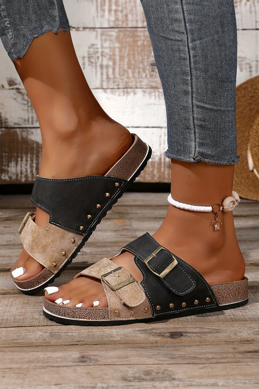 Coffee Leopard Two-tone Retro Buckle Straps Hollowed Faux Suede Slippers - Snoopy's Closet
