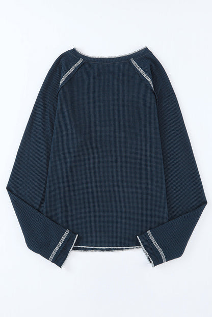 Blue Textured Round Neck Long Sleeve Top - Snoopy's Closet