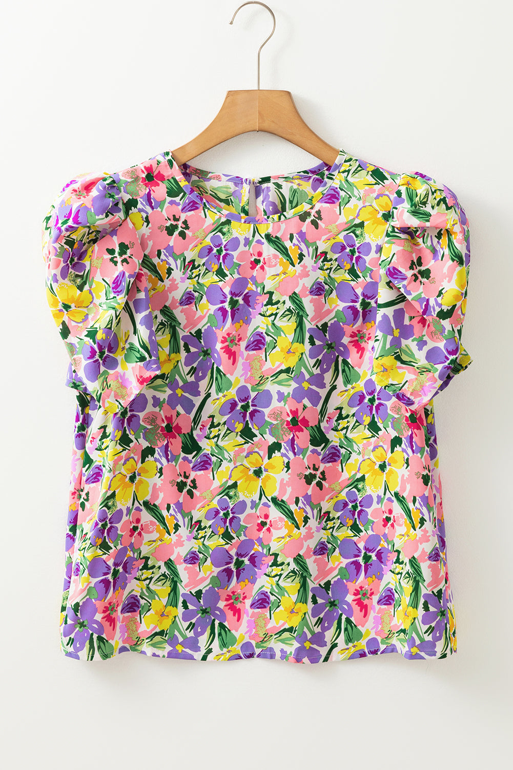 Purple Floral Print Puff Short Sleeve Crew Neck Blouse - Snoopy's Closet