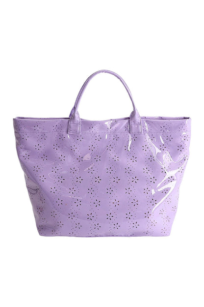 Bolso tote impermeable brillante de PVC con diseño de flores de orquídea con ojales