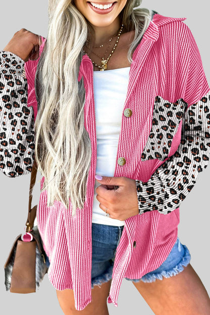 Chaqueta Estilo Camisa con Estampado de Leopardo Rojo Rosado y Acanalado Retorcido Occidental Casual