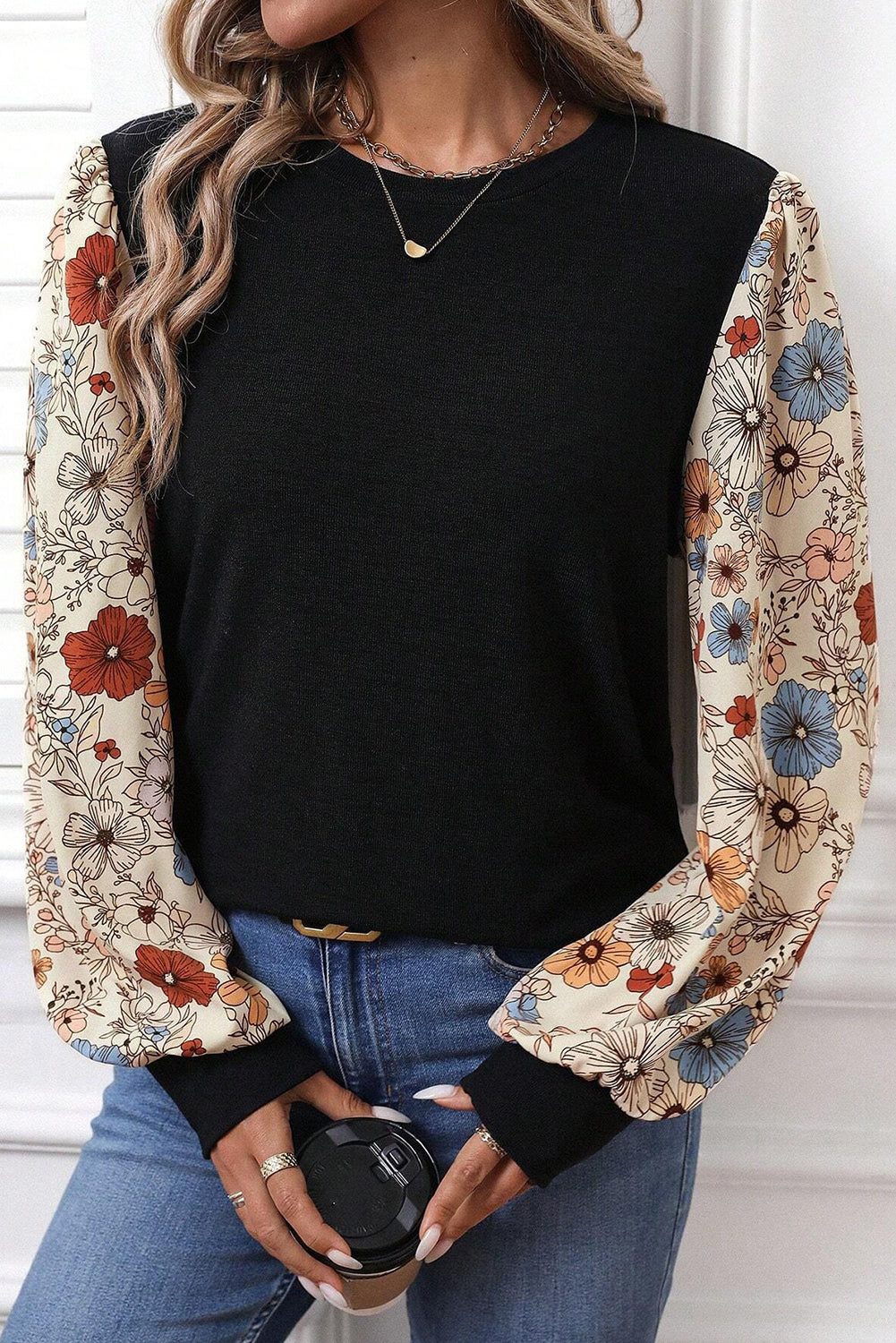 Apricot Flower Puff Sleeve Patchwork Top - Snoopy's Closet