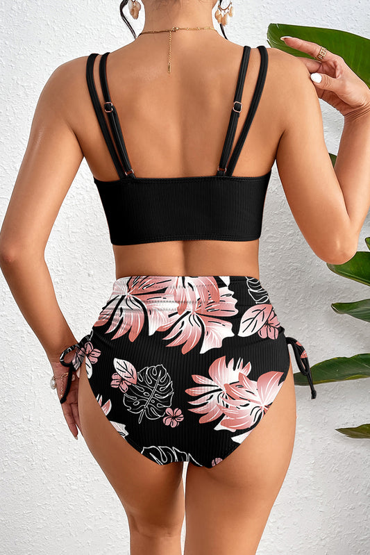 Black Ribbed Knit High Waist 2pcs Bikini Swimsuit - Snoopy's Closet