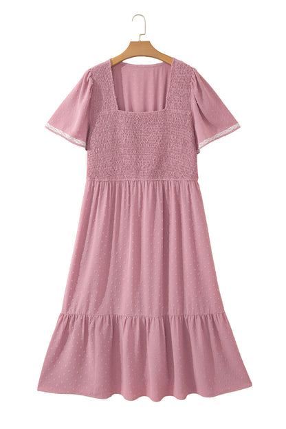 Vestido Midi Fluido Rosa Talla Grande con Manga Corta, Puntos Suizos y Cintura Fruncida