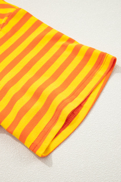 Orange Stripe Contrast Crew Neck Drop Shoulder Loose Tee - Snoopy's Closet