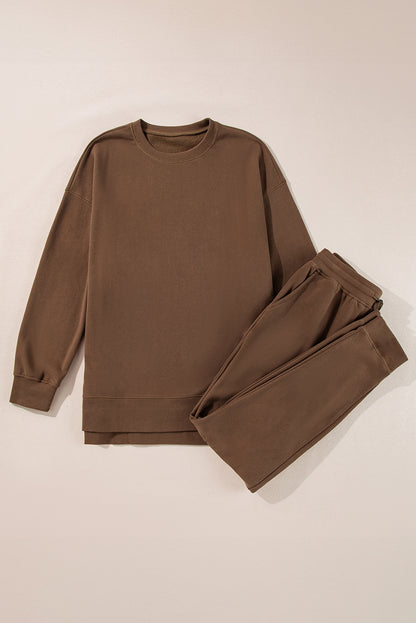 Coffee Solid Color High Low Pullover and Skinny Pants Set - Snoopy's Closet