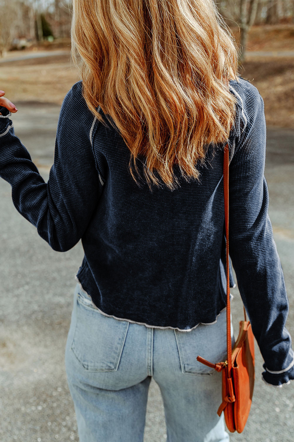 Blue Textured Round Neck Long Sleeve Top - Snoopy's Closet
