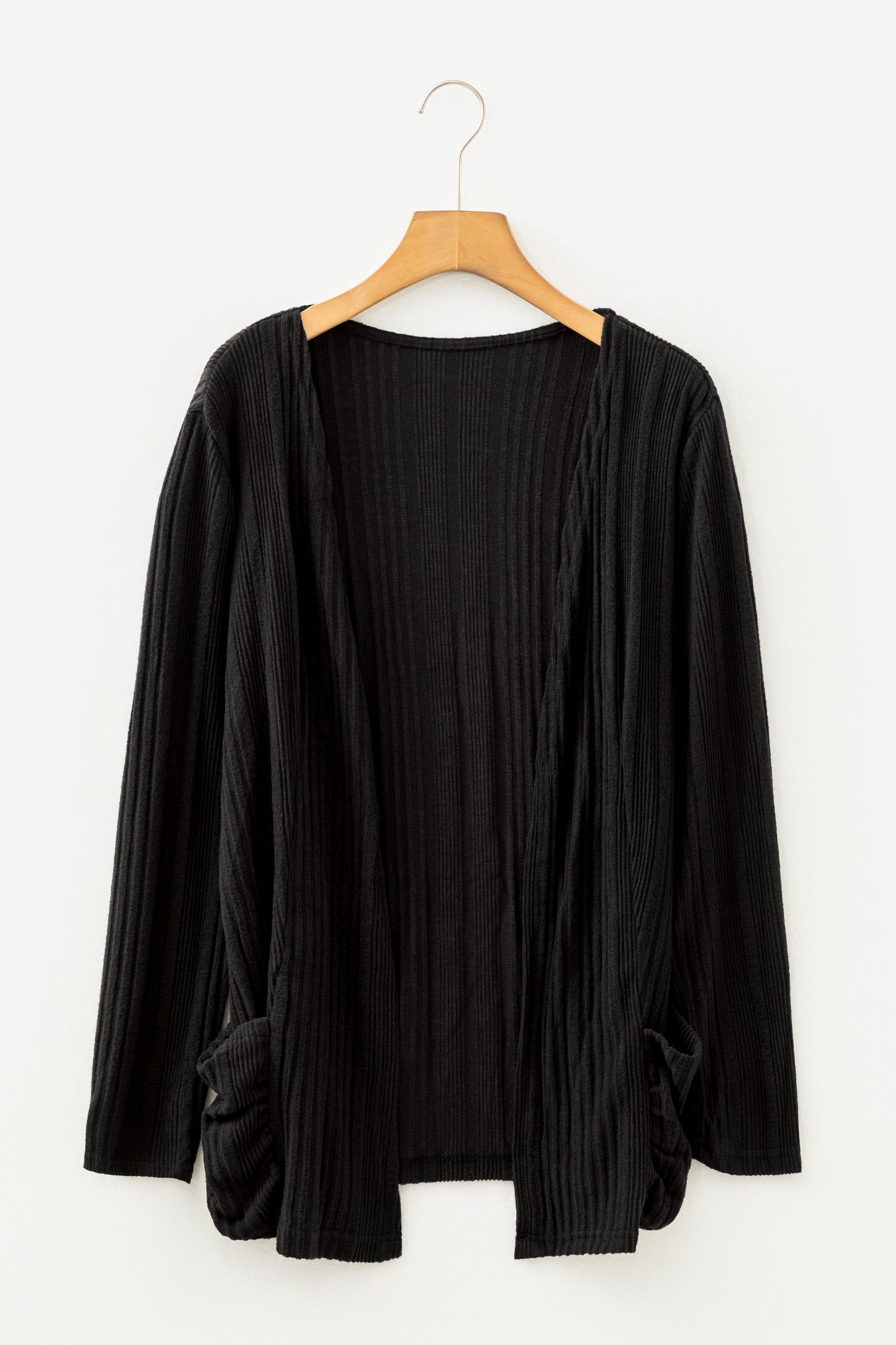 Black Ribbed Open Front Knitted Top with Pockets - Snoopy's Closet