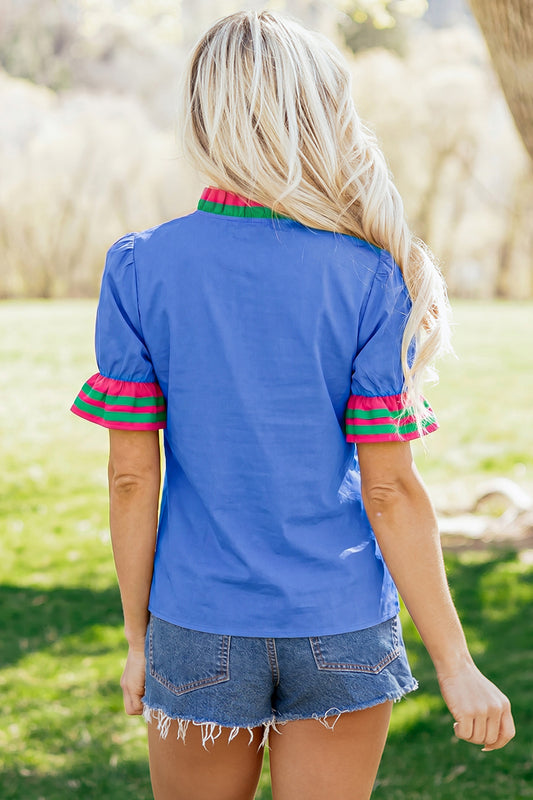 Blusa de manga corta con volantes, cuello con volantes a rayas azul cielo