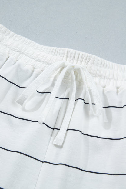 White Stripe Half Sleeve Tee Drawstring Shorts 2pcs Set