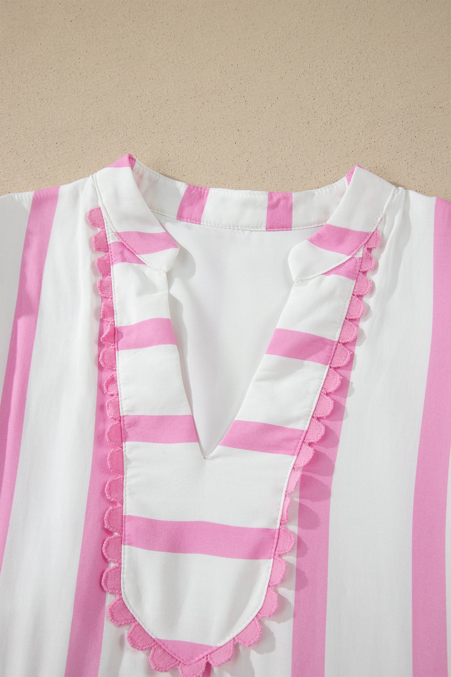 Pink Stripe Ricrac Trim Notched Neck Half Sleeve Vacation Dress - Snoopy's Closet