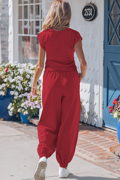 Racing Red Solid Color Cropped Tank Top and Jogger Pants Set - Snoopy's Closet
