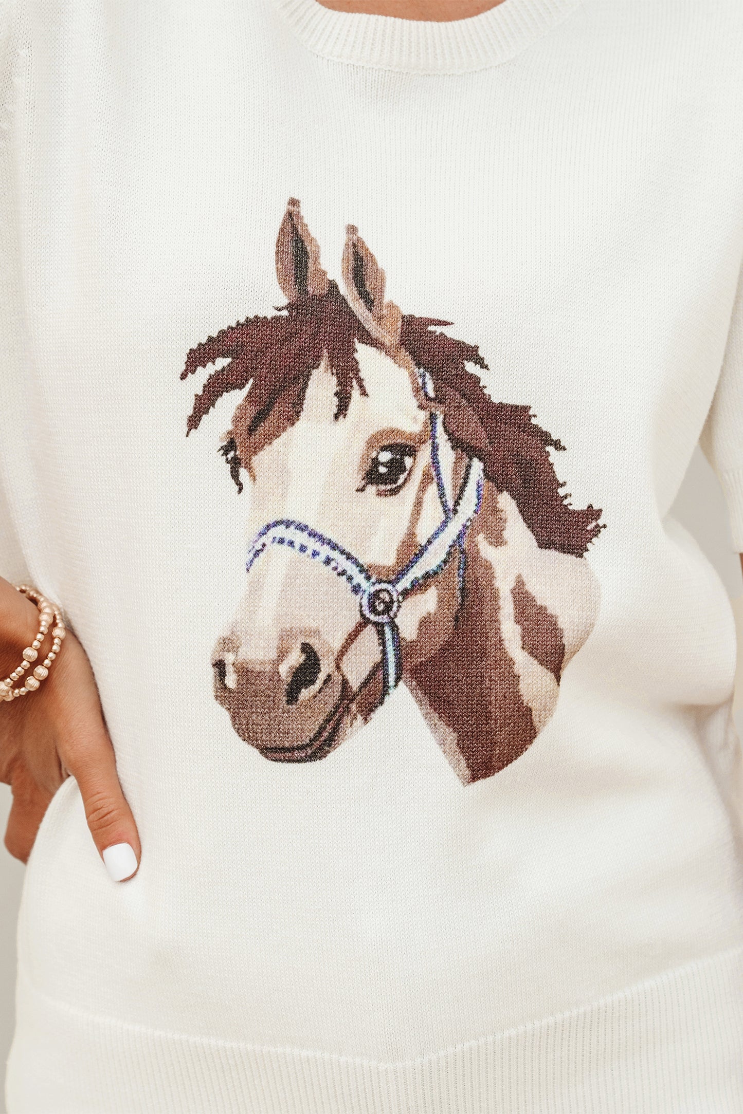 White Wild West Horse Head Printed Short Sleeve Sweater - Snoopy's Closet