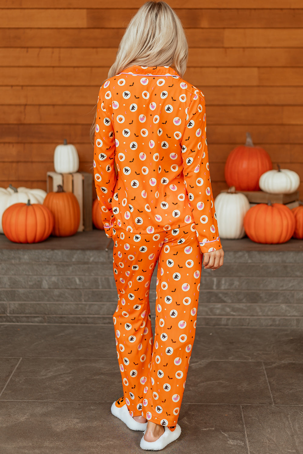Orange Halloween Print Lapel Shirt Long 2pcs Pajama Set - Snoopy's Closet