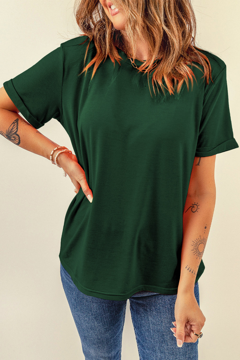 Green Casual Plain Crew Neck Tee - Snoopy's Closet