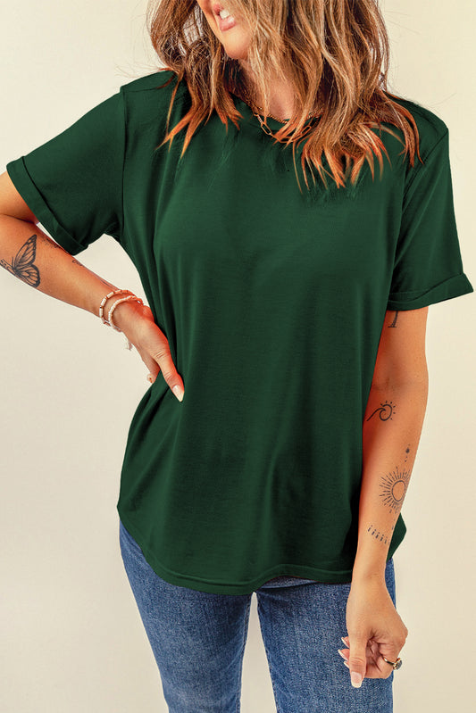 Green Casual Plain Crew Neck Tee - Snoopy's Closet