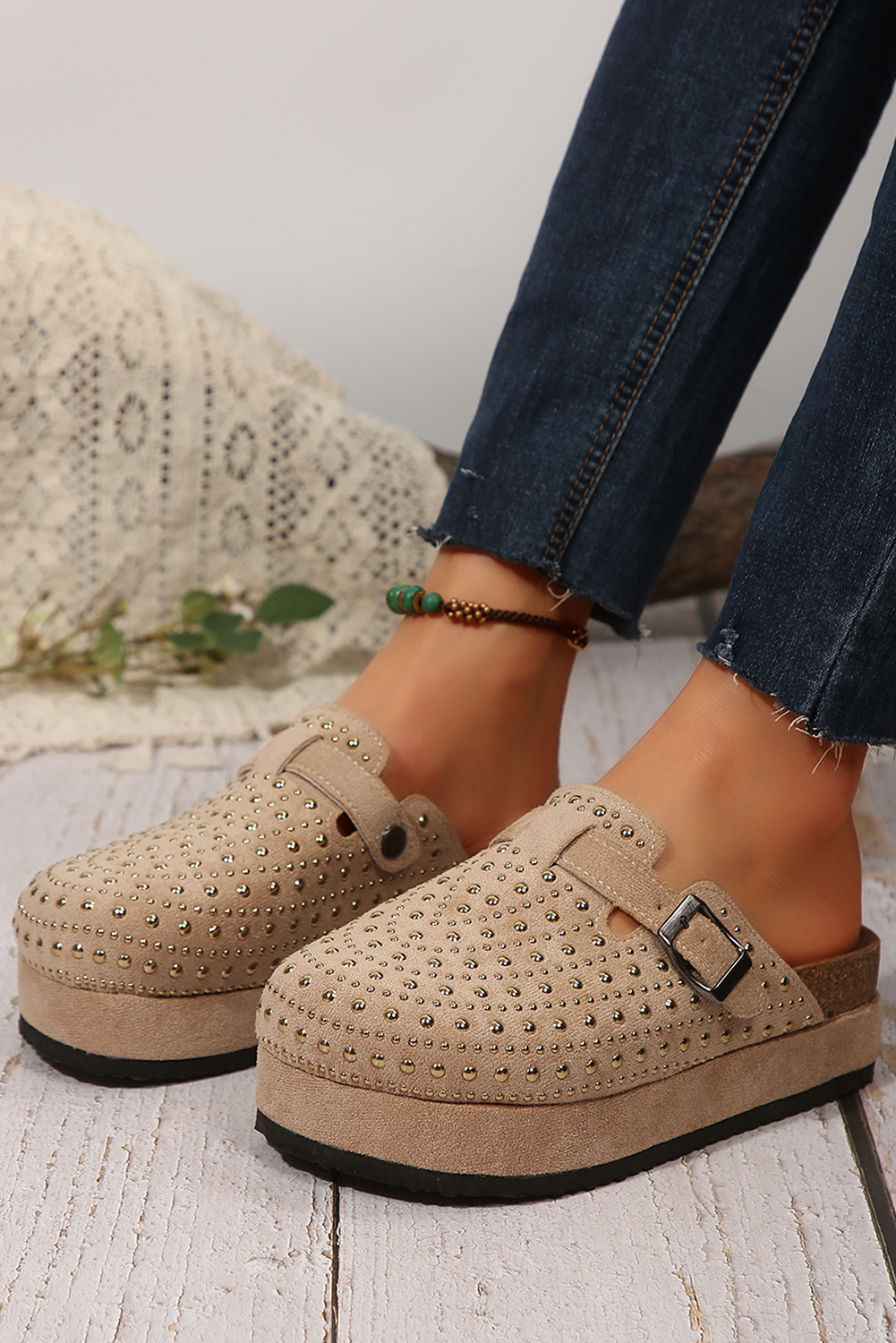 Parchment Rivet Buckle Closed Toe Platform Slippers - Snoopy's Closet