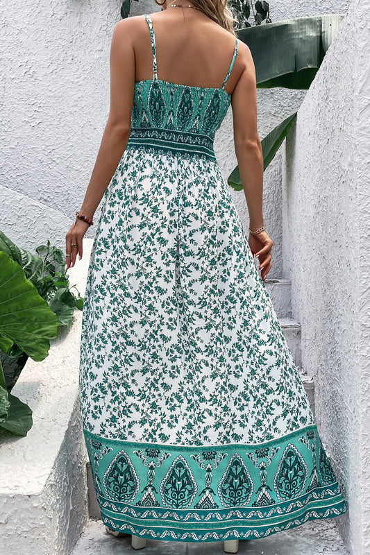 Maxivestido camisero fruncido con estampado floral bohemio verde