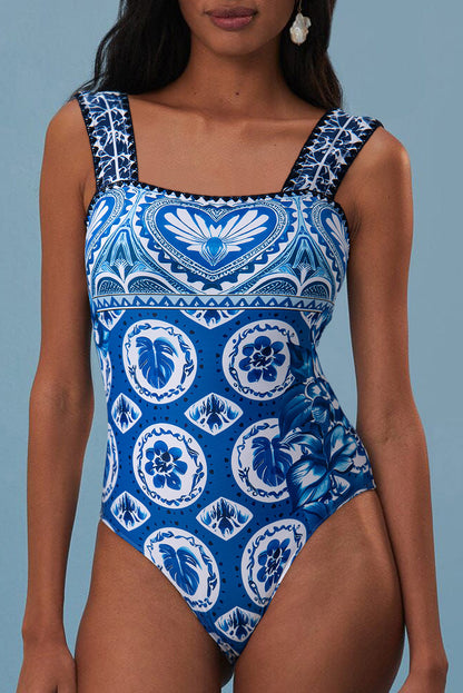 Blue Tile Pattern Ricrac Wide Straps Sheath One Piece Swimsuit - Snoopy's Closet