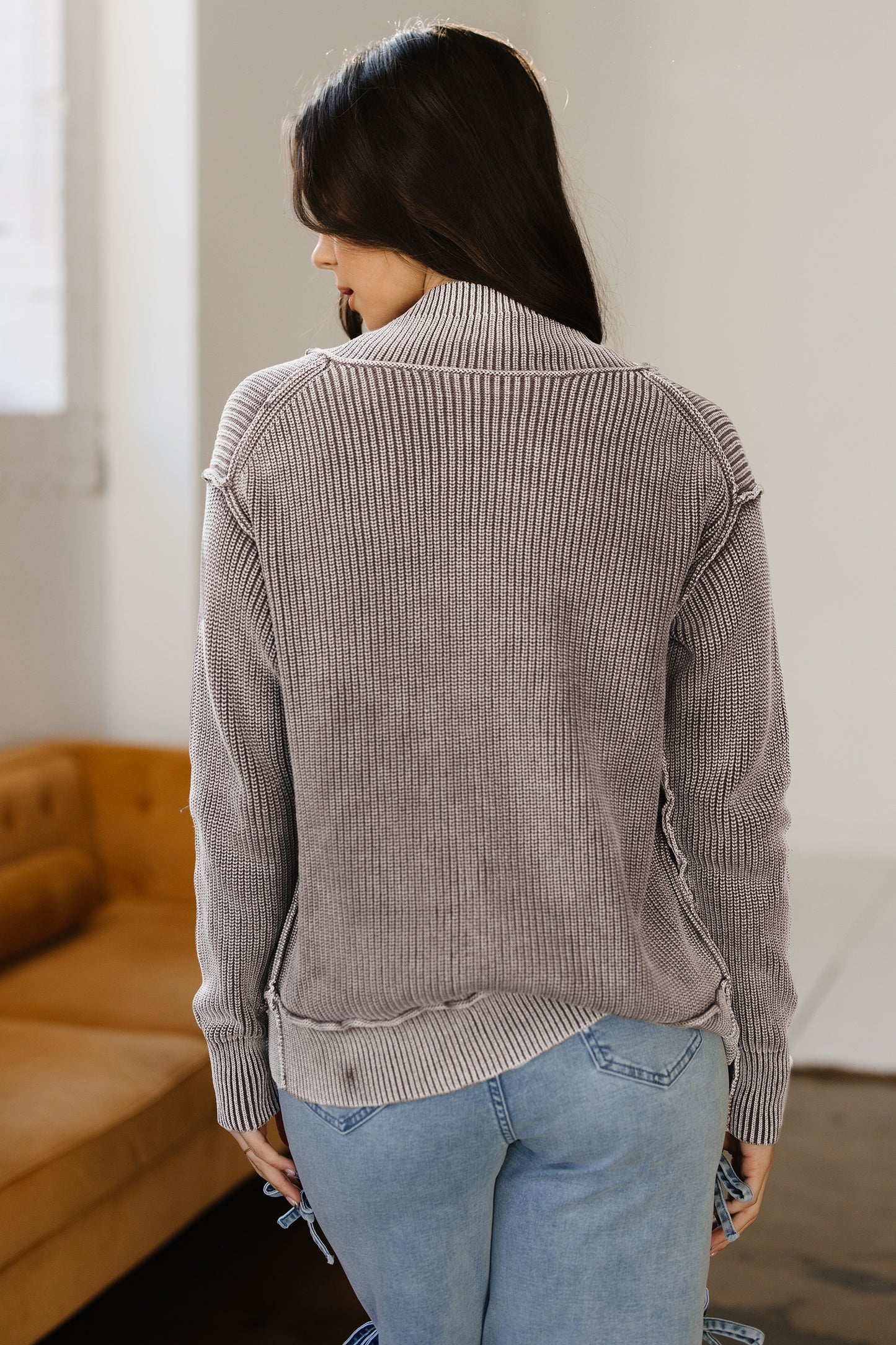 Dark Brown Mineral Wash Exposed Seam Patchwork Knit Open Sweater Cardigan - Snoopy's Closet