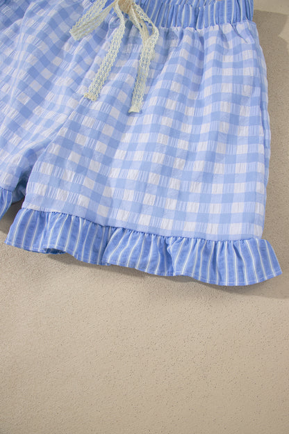 Red Gingham Print Ruffle Striped Detail Lace Tie Shorts - Snoopy's Closet